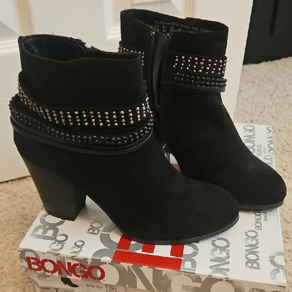 BONGO Black Studded Suede-Look Ankle Boots